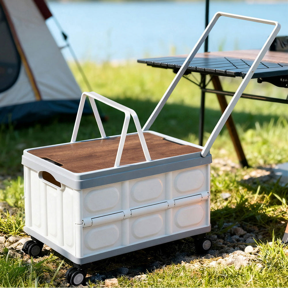 Collapsible Camping Kitchen Storage Box Wheels Lid - Beige