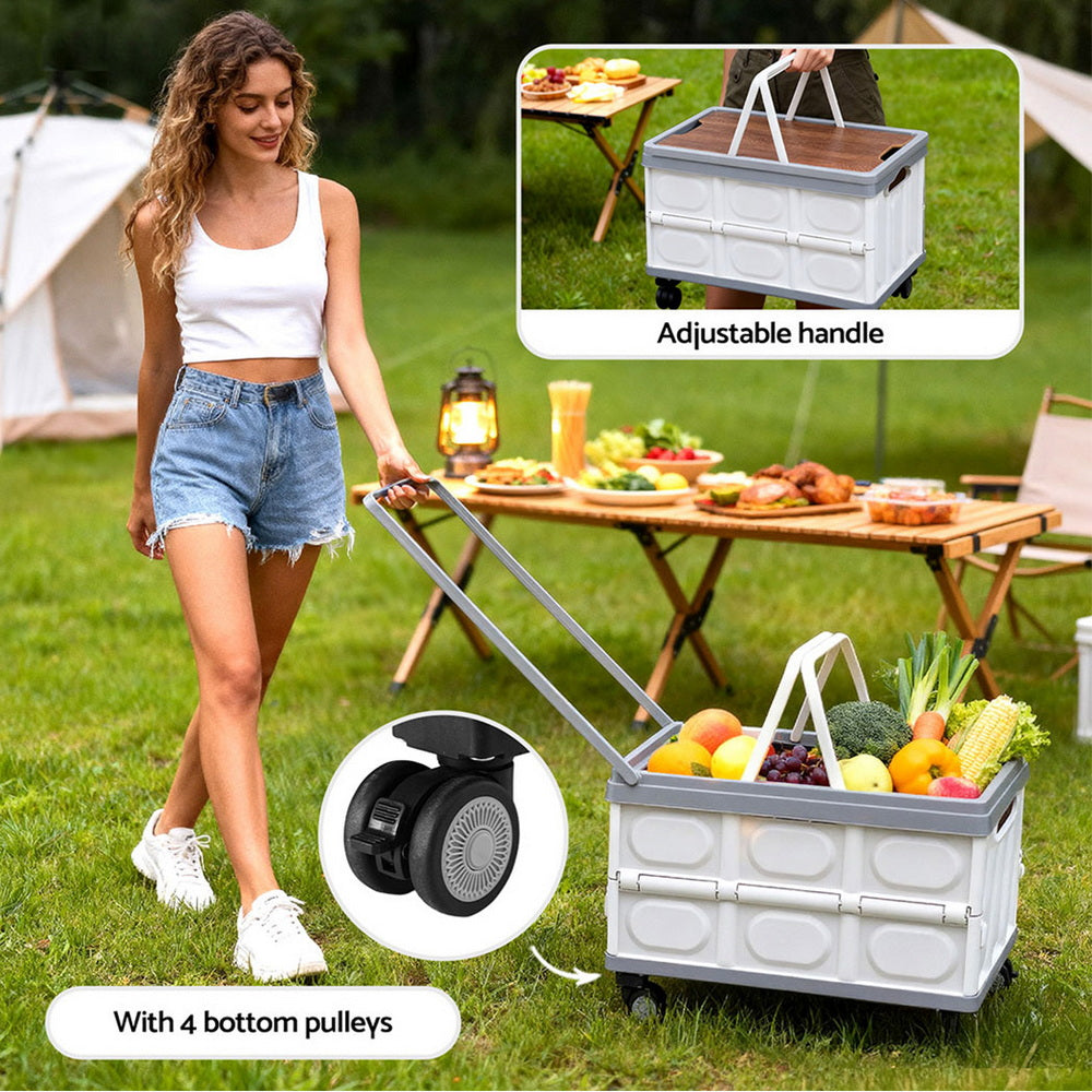 Collapsible Camping Kitchen Storage Box Wheels Lid - Beige