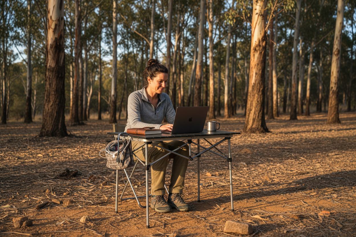 a woman sitting at a camping table with a Journal, laptop, powerbank and portable cable storage pouch beside her - gumtrees in background